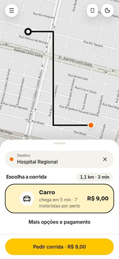 App da mob23: tela de escolha da corrida com o preço e o trajeto no mapa